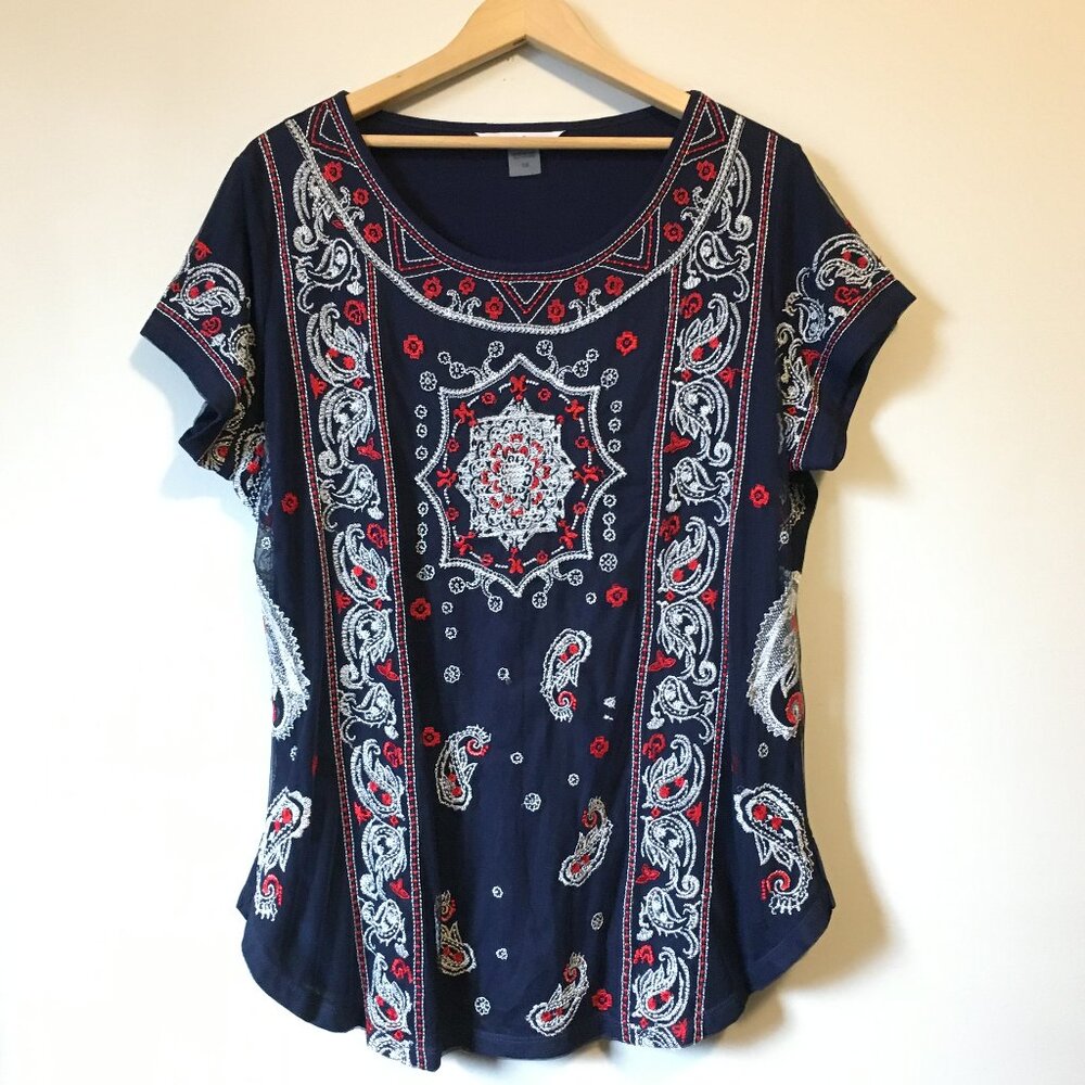 Nygard Plus Size 1X Mesh & Embroidered Paisley Top – Vintage Boho